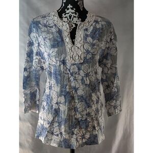 CD Petites Blue White Floral‎ Crinkle Tunic Top Petite PS
